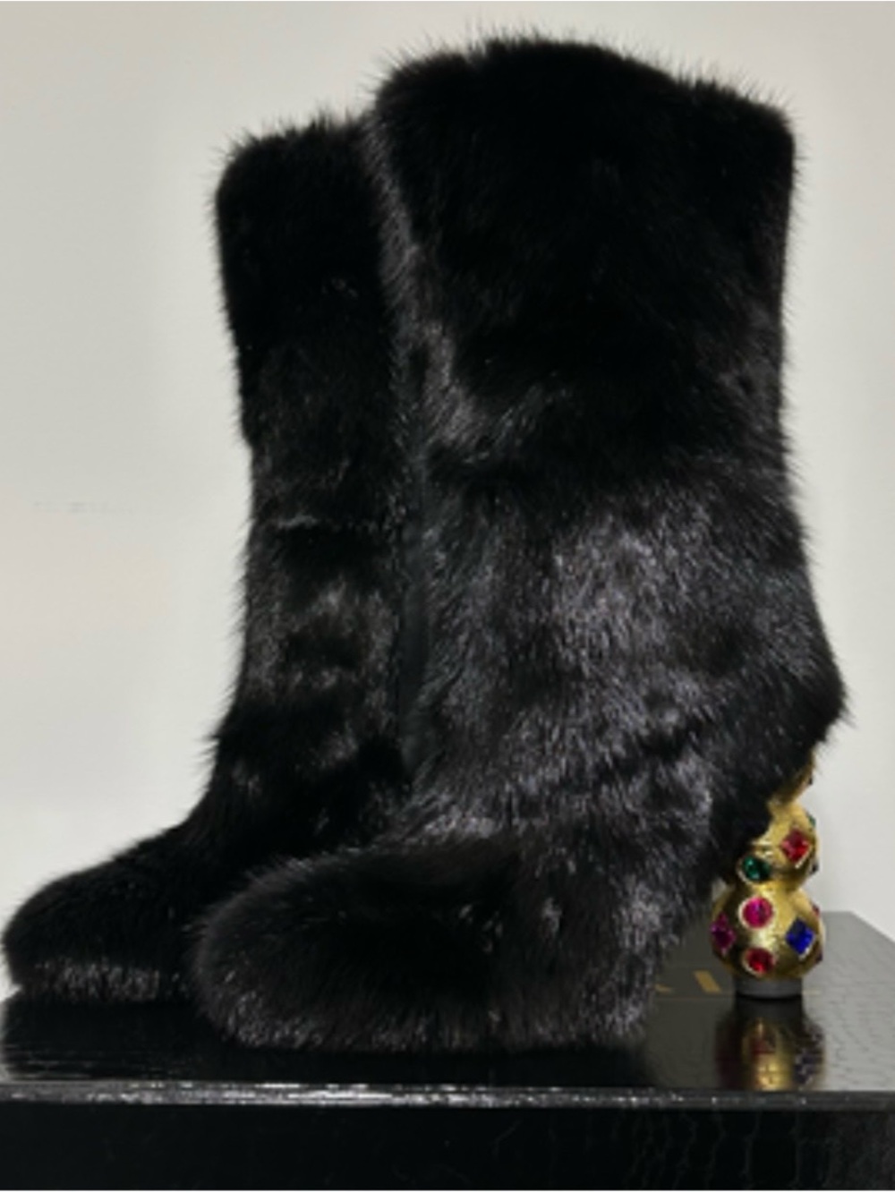 Jennifer Le Black Fur Boots with Jeweled Heel